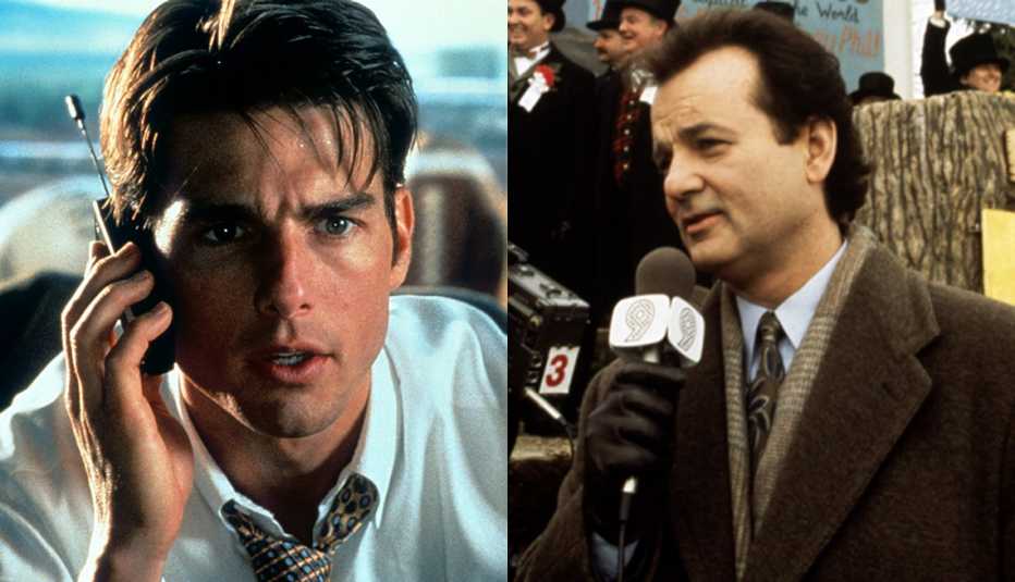 Tom Cruise en una escena de Jerry Maguire y Bill Murray en Groundhog Day.