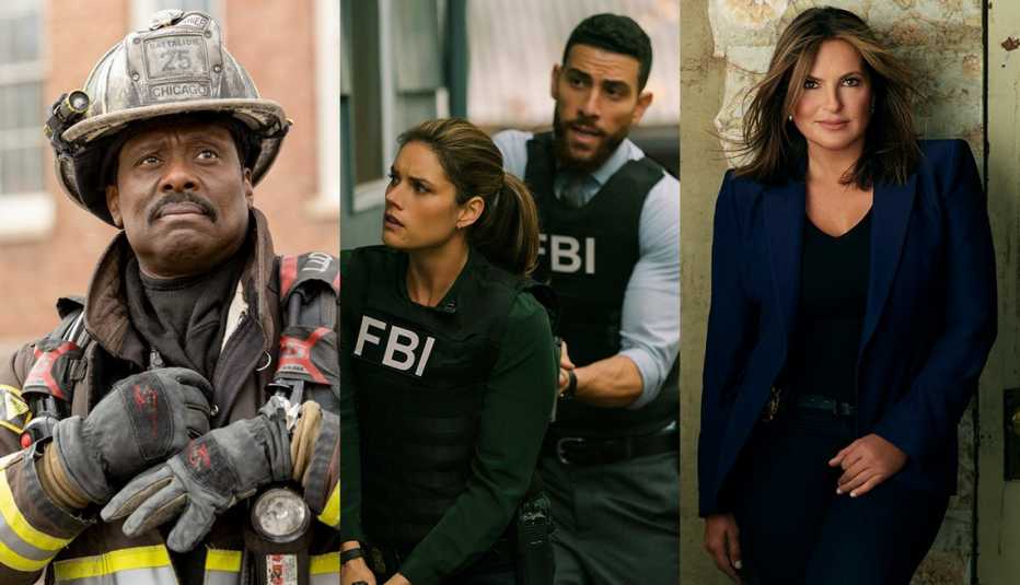 (De izquierda a derecha) Eamonn Walker como el jefe Wallace Boden en "Chicago Fire", Missy Peregrym como la agente especial Maggie Bell y Zeeko Zaki como el agente especial Omar Adom 'OA' Zidan en "FBI" y Mariska Hargitay como la teniente Olivia Benson en