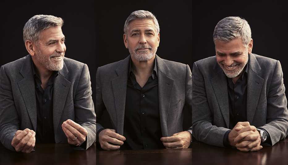 Un tríptico de George Clooney sonriendo y riendo.