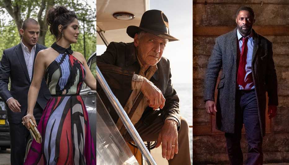 (De izquierda a derecha) Channing Tatum y Salma Hayek en "Magic Mike's Last Dance"; Harrison Ford en "Indiana Jones and the Dial of Destiny"; Idris Elba en "Luther: The Fallen Sun".
