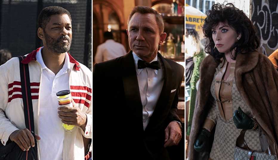 Will Smith como Richard Williams en "King Richard", Daniel Craig como James Bond en "No Time to Die" y Lady Gaga como Patrizia Reggiani en "House of Gucci".