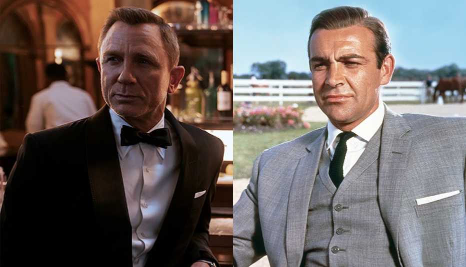Daniel Craig (izquierda) en "No Time to Die" y Sean Connery en "Goldfinger".