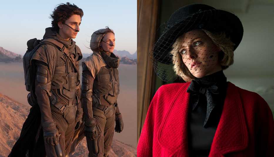  (De izquierda a derecha) Timothée Chalamet como Paul Atreides y Rebecca Ferguson como Lady Jessica Atreides en “Dune”; Kristen Stewart como la princesa Diana en “Spencer”.