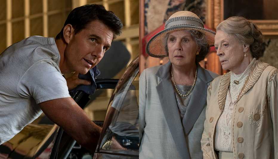 Tom Cruise en el papel de Pete 'Maverick' Mitchell en "Top Gun: Maverick"; Penelope Wilton en el papel de Isobel Merton y Maggie Smith en el papel de Violet Grantham en "Downton Abbey: A New Era".