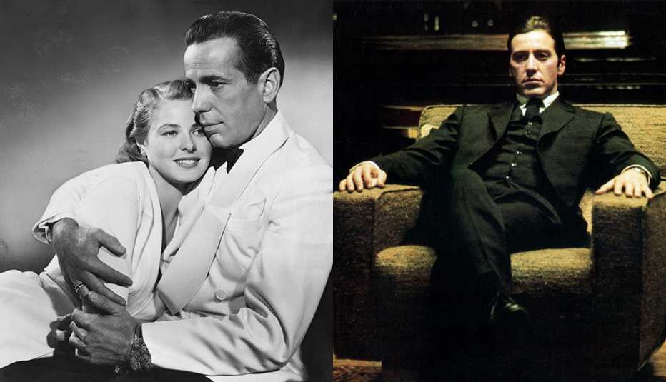 Humphrey Bogart e Ingrid Bergman se abrazan en la película Casablanca y Al Pacino se sientado en una silla en el filme The Godfather Part Two.