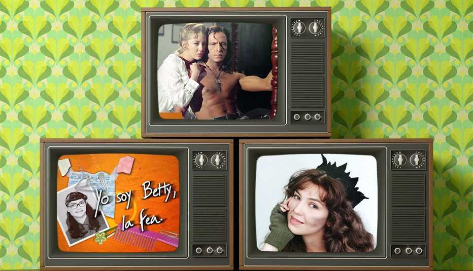 Tres televisores con escena de las telenovelas "Yo soy Betty, la fea", "Corazón salvaje" y  "María la del barrio".