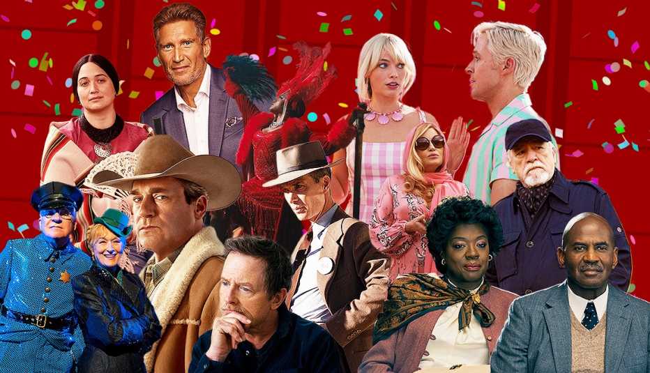 Foto montaje de estrellas de varias películas y programas de televisión que estrenaron en el 2023 y que han sido nominados a los premios Movies for Grownups de AARP