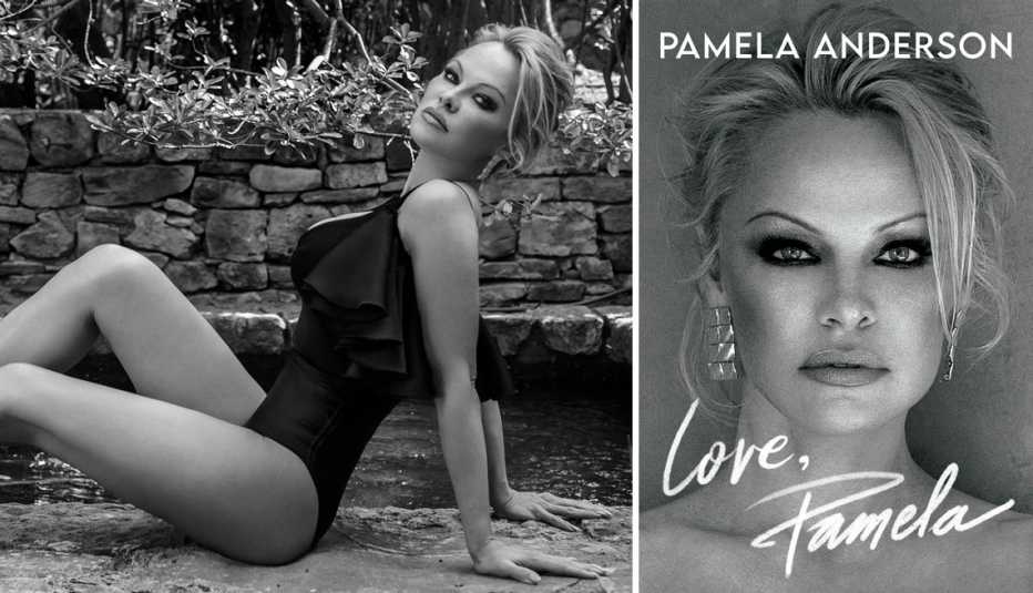 Pamela Anderson (izquierda) y la portada de su libro "Love, Pamela".