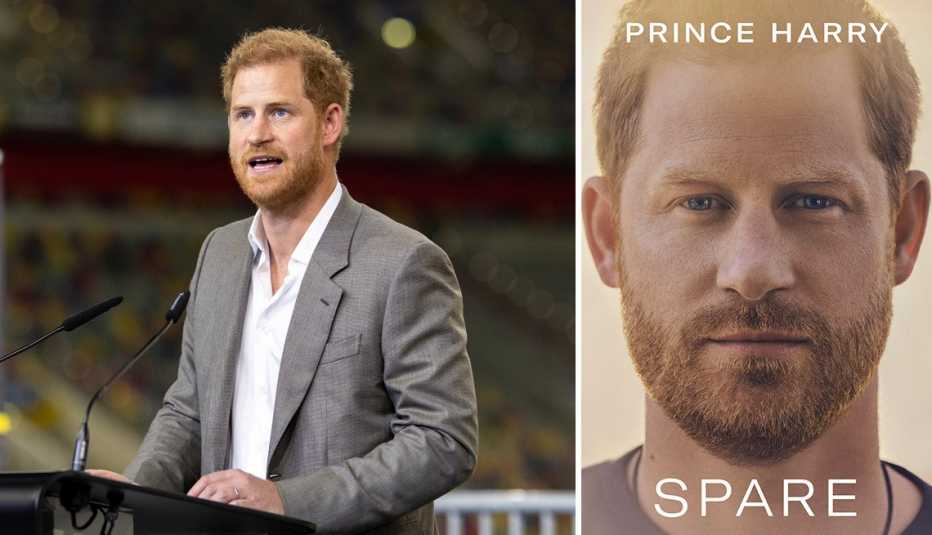 (Izquierda) El príncipe Harry hablando en tarima, y a la derecha la portada del libro del príncipe Harry 'Spare'.