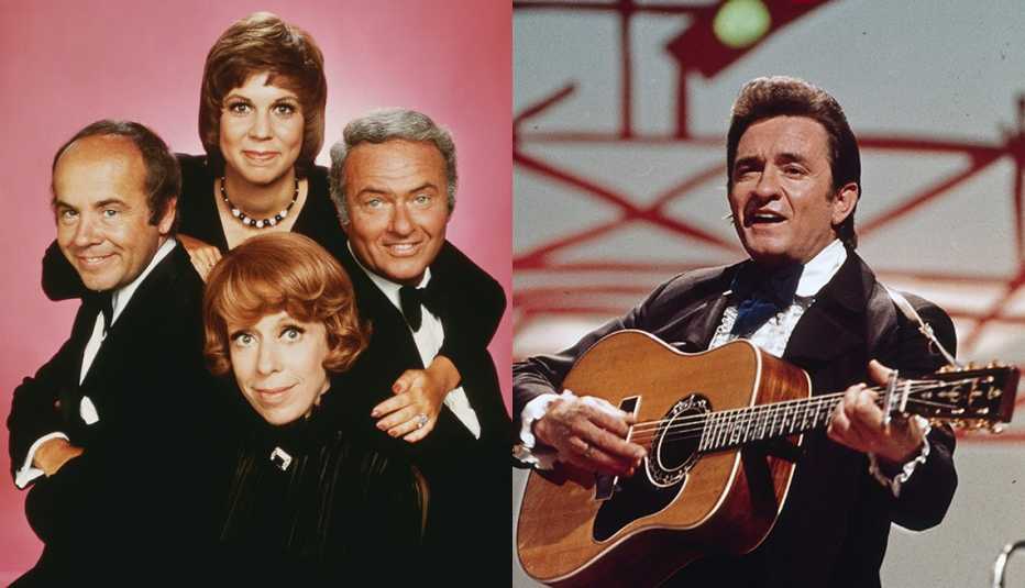 Carol Burnett, Tim Conway, Vicki Lawrence y Harvey Korman del programa "The Carol Burnett Show" y a la derecha, Johnny Cash canta en el programa "The Johnny Cash Show".