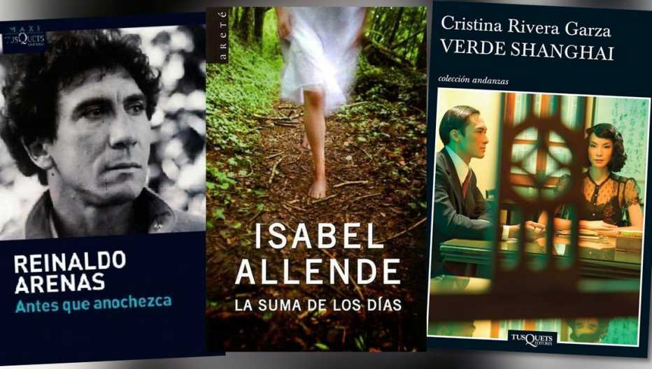 Collage con portadas de libros de Reinaldo Arenas, Isabel Allende y Cristina Rivera Garza