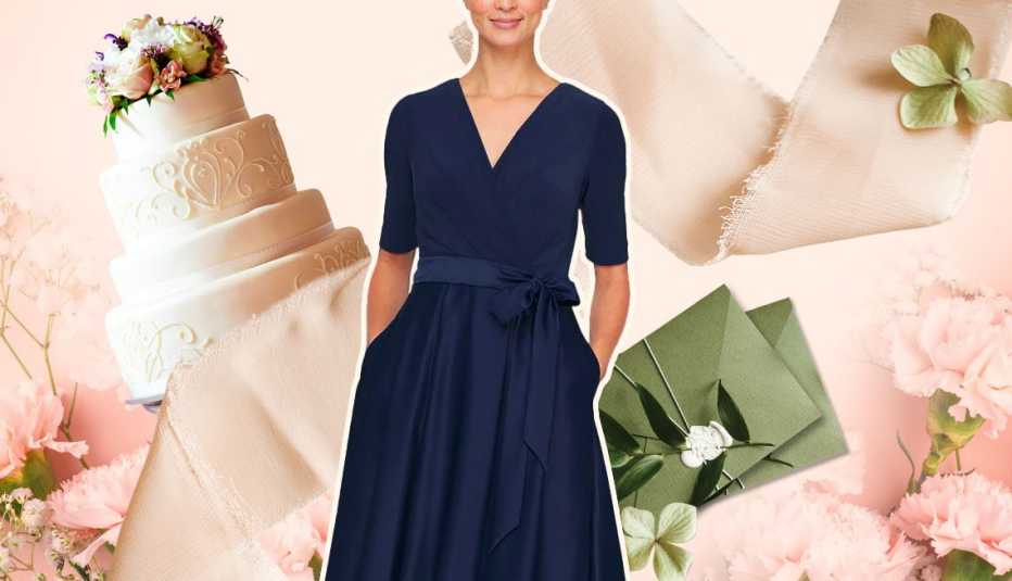 Un vestido azul marino, invitaciones de boda, flores y pastel de bodas