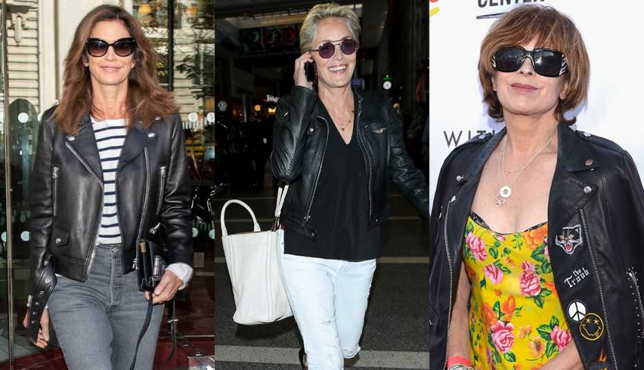 Cindy Crawford, Sharon Stone y Frances Fisher usando chaquetas de cuero.