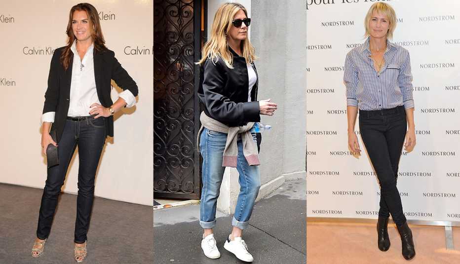 Brooke Shields, Jennifer Aniston, y Robin Wright usando jeans