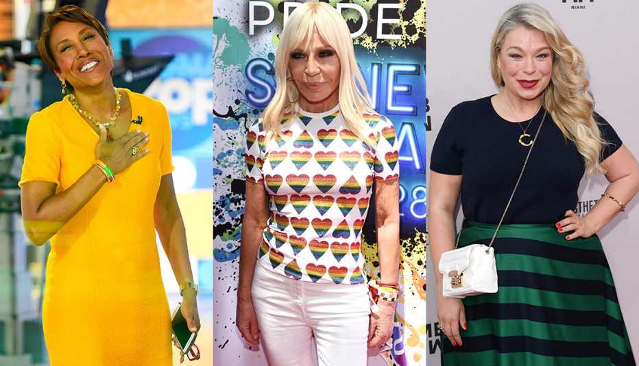 Robin Roberts usa un vestido tipo camiseta en amarillo fuerte; Donatella Versace en una camiseta con corazones; Caterina Pogorzelski lleva una camiseta de manga corta azul marino y una falda de rayas.
