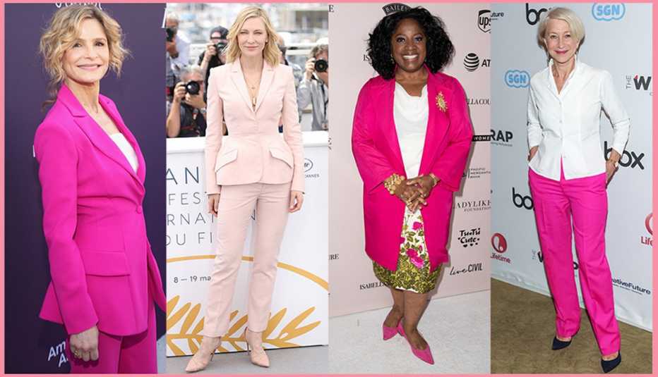Kyra Sedgwick, Cate Blanchett, La Tanya Richardson Jackson, y Helen Mirren con prendas rosadas