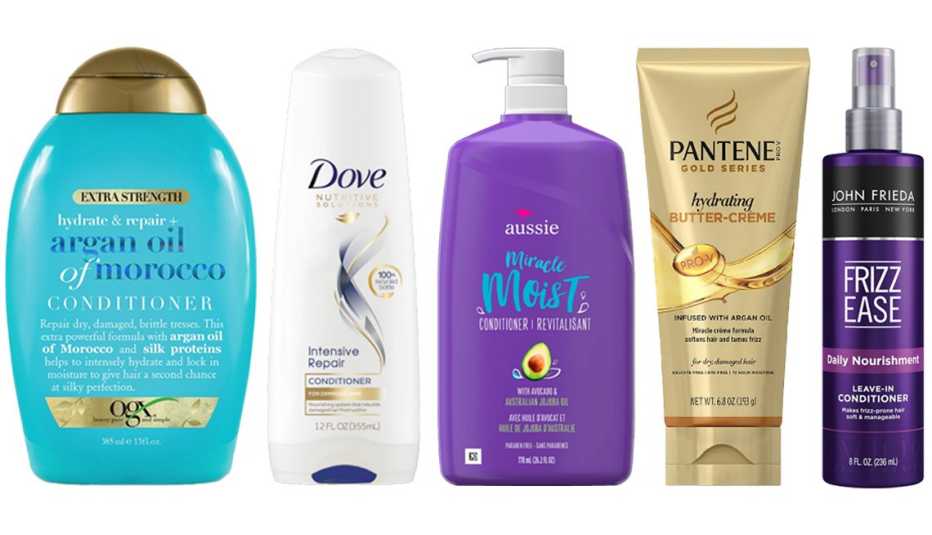 (De izq. a der.) OGX Hydrate + Repair Argan Oil of Morocco Extra Strength Conditioner; Dove Nutritive Solutions Conditioner Intensive Repair; Aussie Miracle Moist Conditioner Avocado & Australian Jojoba Oil; Pantene Pro-V Hydrating Butter Cream with Argan Oil; John Frieda Frizz-Ease Daily Nourishment Leave-in Conditioner