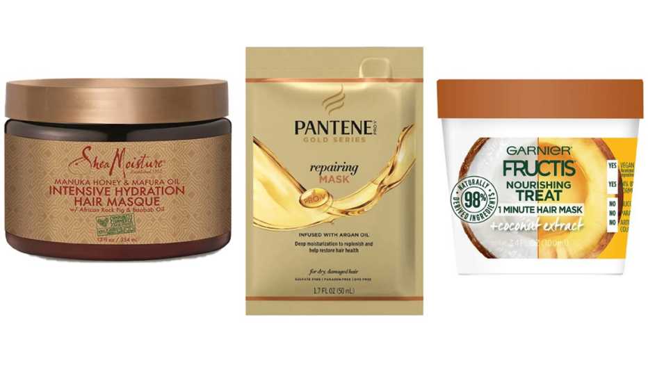 (De izq. a der.) SheaMoisture Manuka Honey Masque; Pantene Gold Series Repairing Mask Treatment; Garnier Fructis Nourishing Treat 1 Minute Hair Mask with Coconut Extract