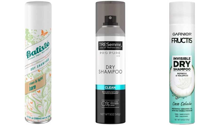 (De izq. a der.) Batiste Clean & Light Bare Dry Shampoo; TRESemmé Pro Pure Dry Shampoo; Garnier Fructis Invisible Coco Colada Dry Shampoo