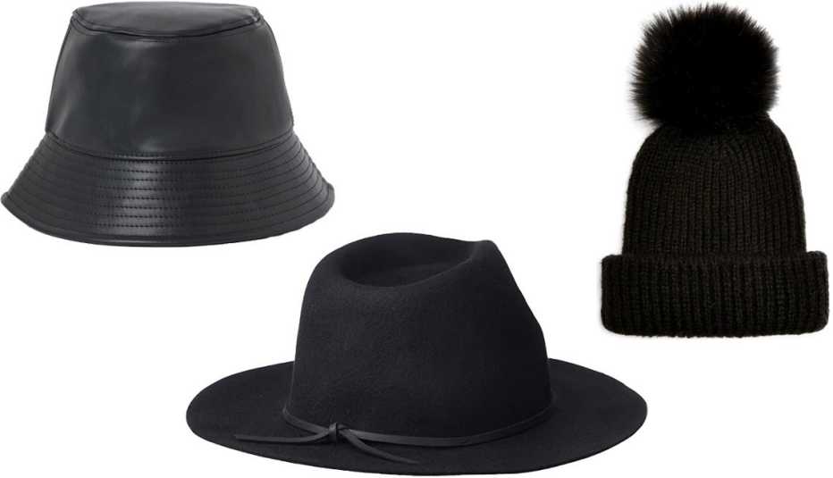 Bucket Hat de H&M en cuero sintético negro (arriba a la izquierda); Wesley Fedora de Brixton en negro (abajo en el centro); Pom Beanie de Topshop (arriba a la derecha).