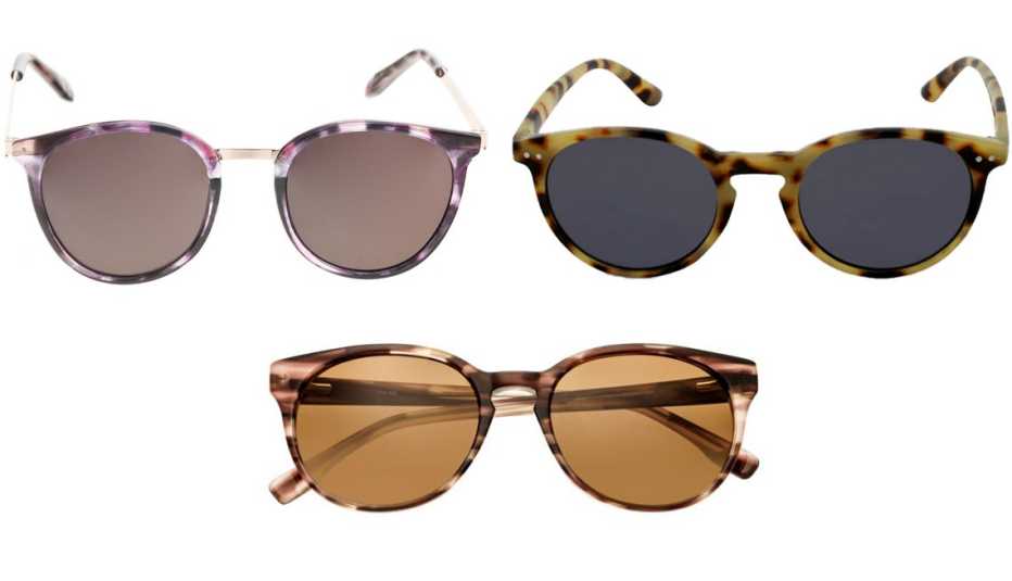 (De arriba a la izquierda, en el sentido de las agujas del reloj) Gafas de sol redondas para mujer Combo de Foster Grant; gafas de sol redondas para mujer de Wild Fable con estampado de carey, en marrón; gafas de sol polarizadas de Simplify Clark.