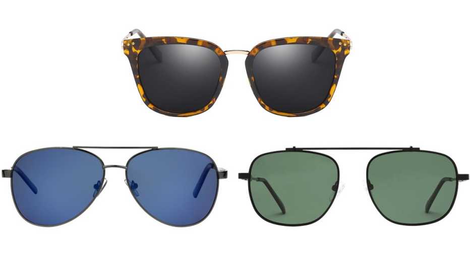 (Desde abajo a la izquierda, en el sentido de las agujas del reloj) "Grant" de Foster Grant; gafas de sol polarizadas para mujer de Cyrus Fashion con UV 400 de carey; gafas de sol polarizadas de Biscayne Bae de 54 mm, de Privé Revaux.