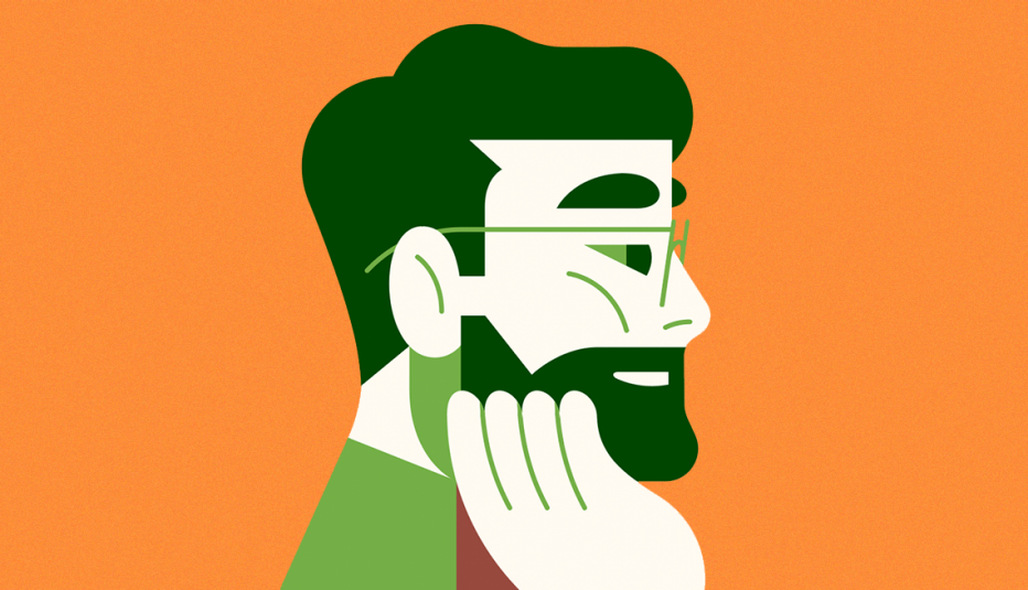 Una ilustración de un hombre tocando su barba con su mano.