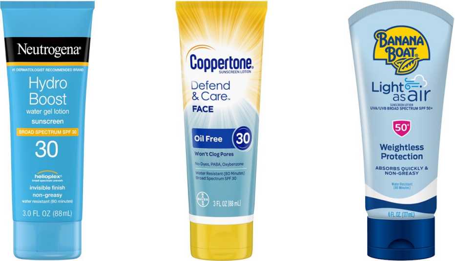 Neutrogena Hydro Boost Moisturizing Sunscreen Lotion SPF 30; Coppertone Defend & Care Sunscreen Oil-Free Face SPF 30; Banana Boat Light As Air Sunscreen Lotion SPF 50