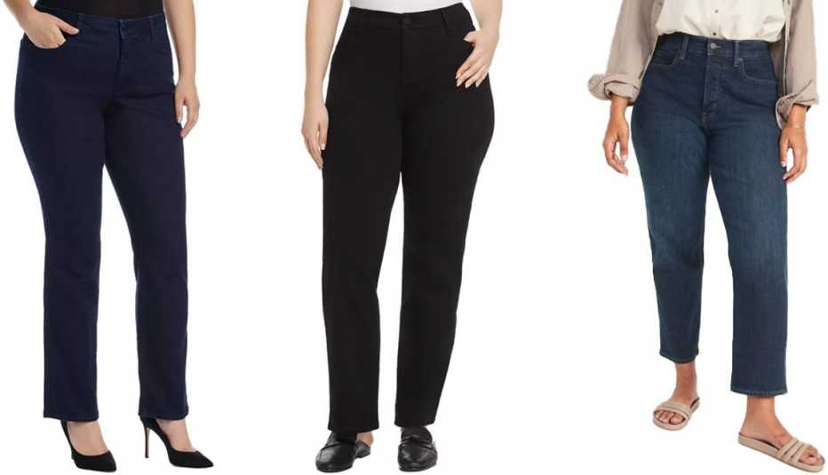 (Izq. a der.) Jeans NYDJ Marilyn Straight Leg Jeans en Rinse; jeans Liverpool Los Angeles Plus Sadie Straight-Leg Jeans en Black Rinse; jeans Old Navy Extra High-Waisted Button-Fly Curvy Sky-Hi Straight Jeans for Women en Jay.
