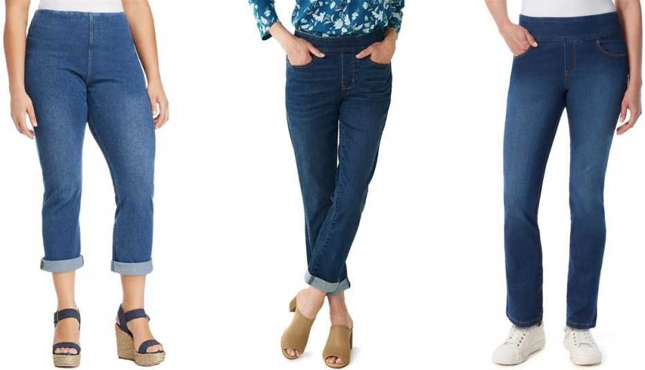 (Izq. a der.) Jeans Lysee Plus Pull-On Boyfriend Jeans en Mid Wash; jeans Women’s Croft & Barrow Girlfriend Pull-On Jeans en Medium Wash; jeans Women’s Gloria Vanderbilt Amanda Pull-On Jeans en Vermont.