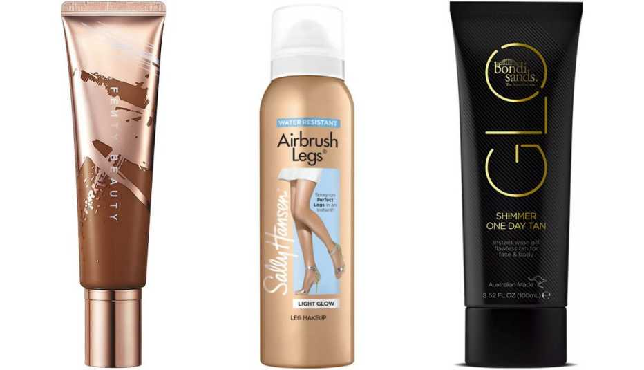 (De izquierda a derecha) Fenty Beauty by Rihanna Body Sauce Body Luminizing Tint; Sally Hansen Airbrush Legs Body Makeup Spray; Bondi Sands Glo Shimmer One Day Tan Cream.