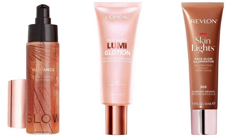 (De izquierda a derecha) Makeup Revolution Radiance Shimmer Oil en dorado; L'Oréal Paris True Match Lumi Glotion Natural Glow Enhancer en tono claro; Revlon SkinLights Face Glow Illuminator en Sunburst Bronze.