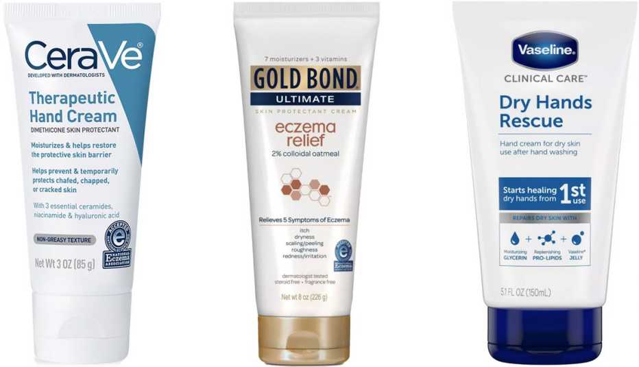 (De izq. a der.) Cremas para manos CeraVe Therapeutic Hand Cream; Gold Bond Ultimate Eczema Relief Hand Cream; Vaseline Dry Hands Rescue.