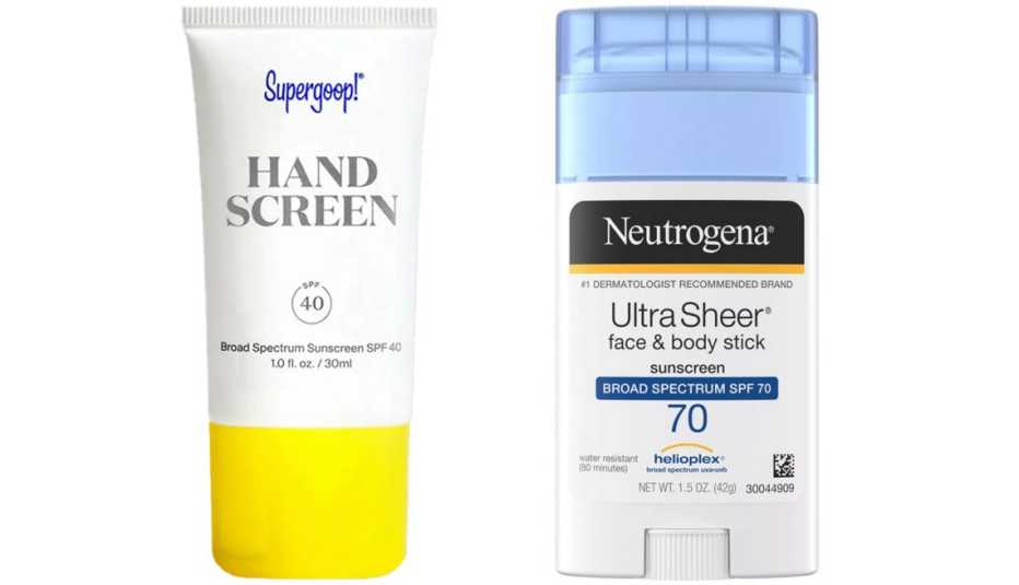 (De izq. a der.) Protectores solares Supergoop! Handscreen SPF 40; Neutrogena Ultra Sheer Face & Body Stick SPF 70.