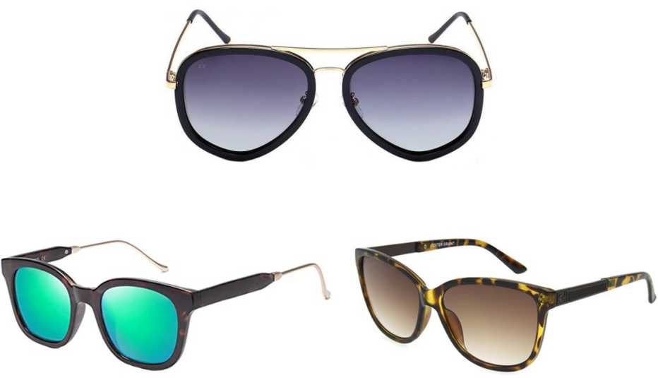 (En el sentido de las agujas del reloj, desde la parte inferior izquierda) Gafas de sol polarizadas Classic Square Polarized Sunglasses UV400, modelo SJ2050 de Sojos en carey negro; gafas de sol polarizadas The Supermodel de Prive Revaux en negro y dorado