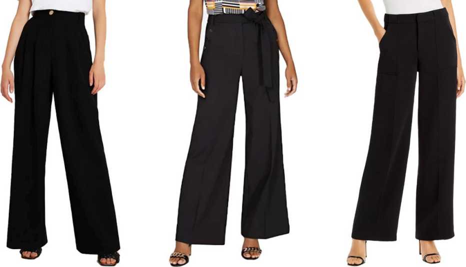 (De izquierda a derecha) River Island Wide-leg Trousers en negro; New York and Company Tie-Waist Wide-Leg Pant — 7th Avenue en negro; Lucy Paris Diane Wide Leg Pants en negro.