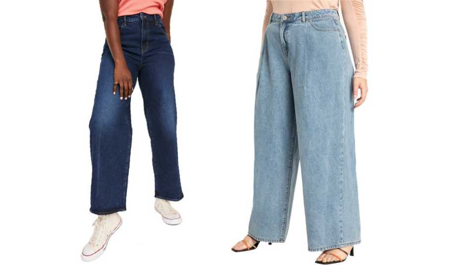 De izquierda a derecha) Jeans Trisha de Old Navy Extra High-Waisted Dark Wash Wide-Leg jeans for Women; jeans Eloquii Wide Leg Jean en Light Wash.