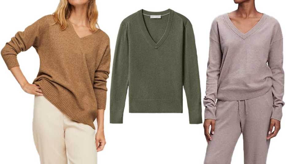 (De izquierda a derecha) Suéter Mango V-Neck Knit en marrón; suéter Everlane The Cashmere V-Neck en verde olivo; suéter Gap Softest V-Neck en color Margate Sand Beige.