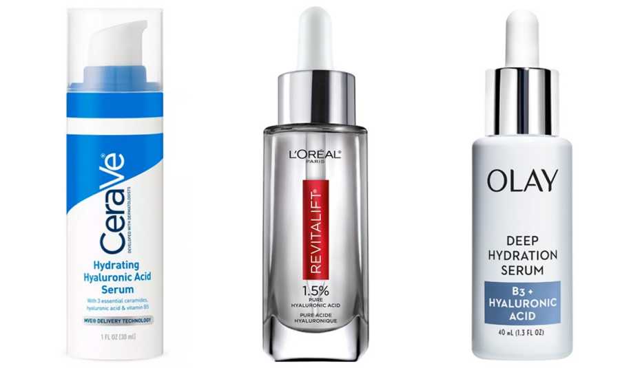 Sueros CeraVe Hydrating Hyaluronic Acid Face Serum for Normal to Dry Skin (izquierda); L'Oreal Paris Revitalift Derm Intensives Hyaluronic Acid Face Serum (centro); Olay Deep Hydration Serum with Vitamin B3+ Hyaluronic Acid.