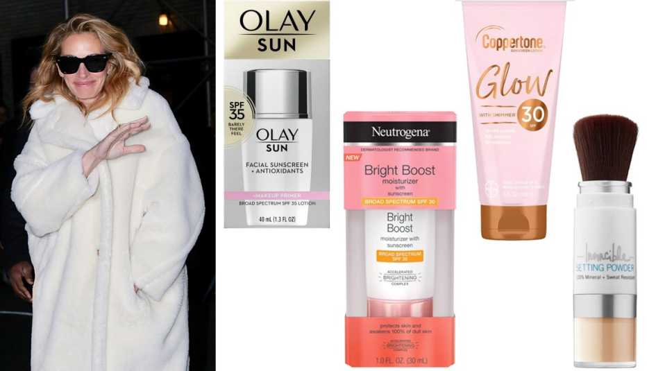Actriz Julia Roberts; protectores solares Olay Sun Face Sunscreen + Makeup Primer SPF 35; Neutrogena Bright Boost Moisturizer SPF 30; Coppertone Glow With Shimmer Sunscreen Lotion; SUPERGOOP! Invincible Setting Powder SPF 45.