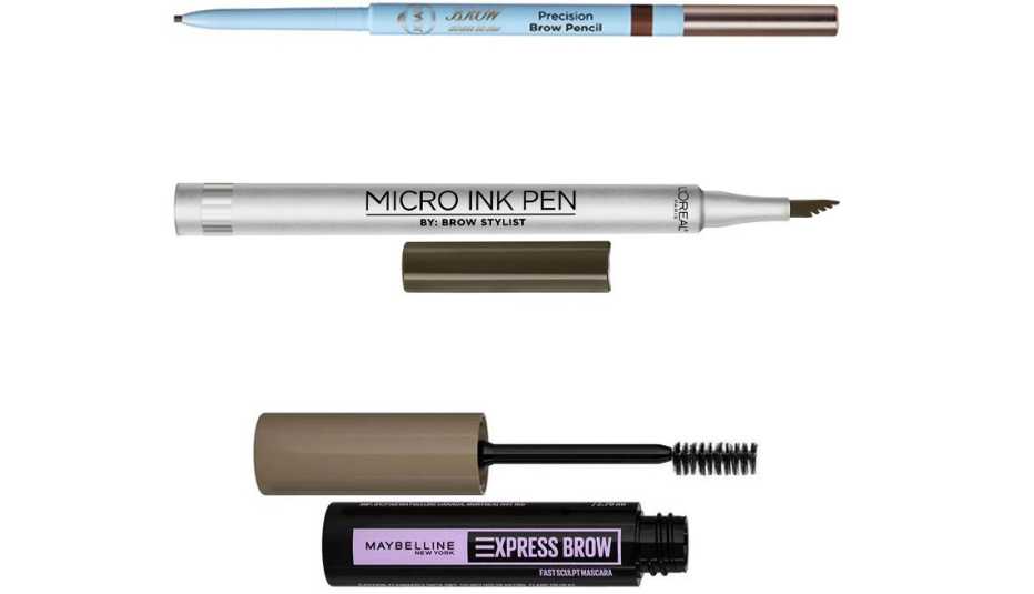 (De arriba hacia abajo) Lápiz para cejas JOAH Brow Down To Me Precision; L'Oréal Paris Brow Stylist Micro Ink Pen; Maybelline Brow Fast Sculpt Eyebrow Gel.