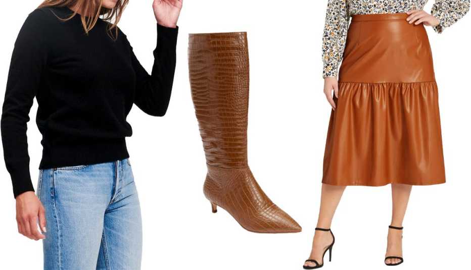 (De izquierda a derecha) suéter de cachemira The Essential de $75 para mujer de Naadam, en negro; bota de cuero ancha Poloma de Comfortview, en moca; falda de cuero sintético Who What Wear, en marrón.