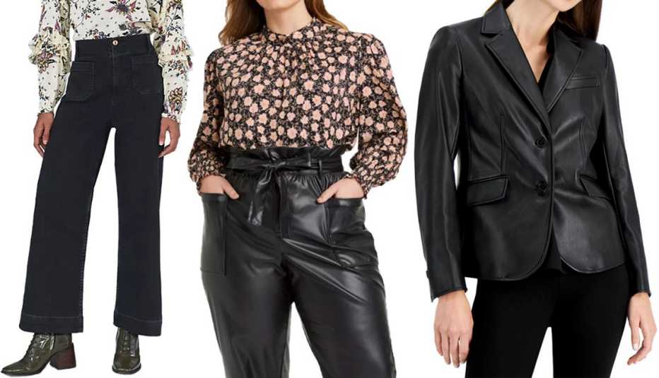 (De izquierda a derecha) jeans de pierna ancha en talla plus The Skipper de Pilcro, en negro; blusa de manga larga de talla plus para mujer de Who What Wear, en estampado floral negro intenso; chaqueta de cuero sintético de Anne Klein, en color negro Anne