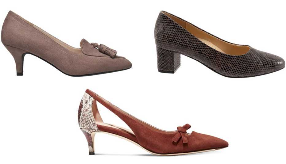 (Desde arriba a la izquierda, en el sentido de las agujas del reloj) Zapatos con borla y tacones chupete Dubai de H Halston, en gris pardo; zapatos de tacón Kari de Trotters, en gris oscuro; zapatos de tacón Modern Classics Bree de Cole Haan.