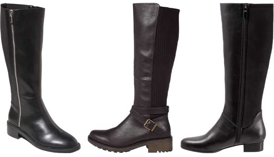 (De izquierda a derecha) Botas altas para mujer Abril de A New Day, en negro; botas Karter de LifeStride en color chocolate oscuro; botas Misty de Trotters, en negro.