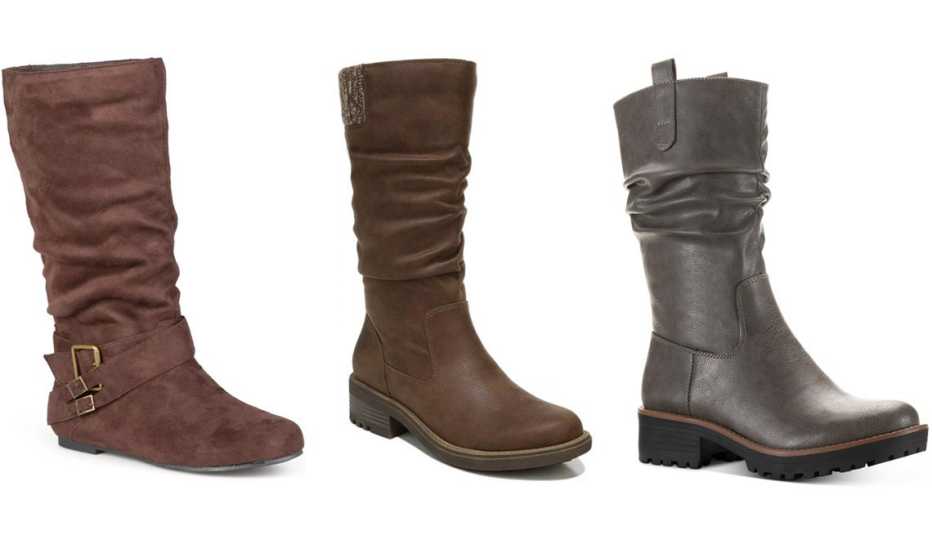 (De izquierda a derecha) Botas a media pierna Shelley de Journee Collection para mujer, en marrón; botas con pliegues Kaden de LifeStride para mujer, en marrón; botas con pliegues con suela acanalada Nelliee Sun + Stone Nelliee para mujer, en gris.