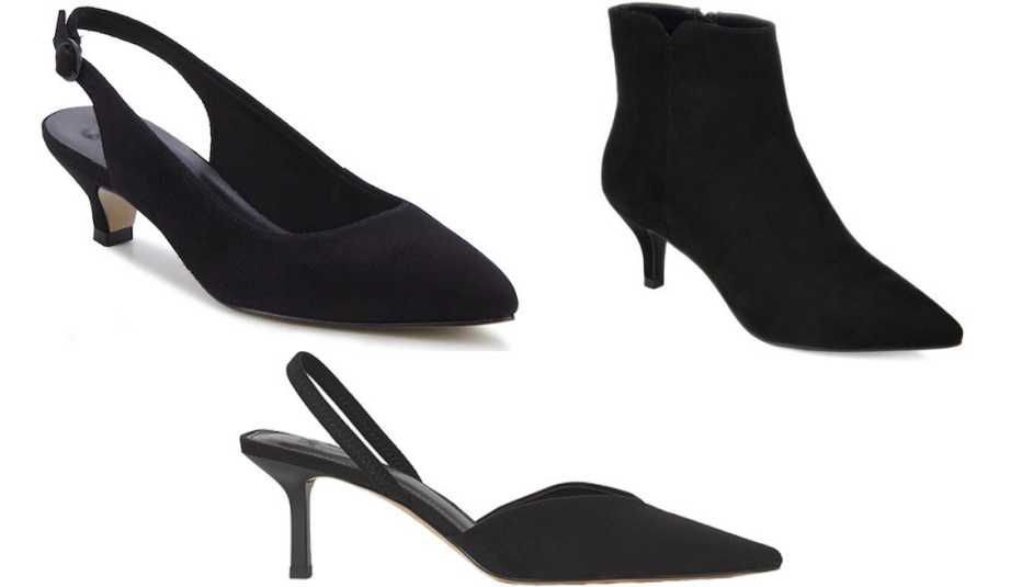 (Desde arriba a la izquierda, en el sentido de las agujas del reloj) Zapatos de tacón Henrietta de Walking Cradles; botines con tacón chupete Isobel de Journee Collection para mujer; zapatos sin talón de gamuza sintética de H&M.