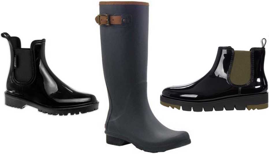  (De izquierda a derecha) Botas de lluvia Chelsea a prueba de agua de Josmo para mujer, en negro; botas de lluvia altas a prueba de agua City Solid de Chooka para mujer, en negro; botas de lluvia a prueba de agua Firenze de Cougar, en negro brillante.