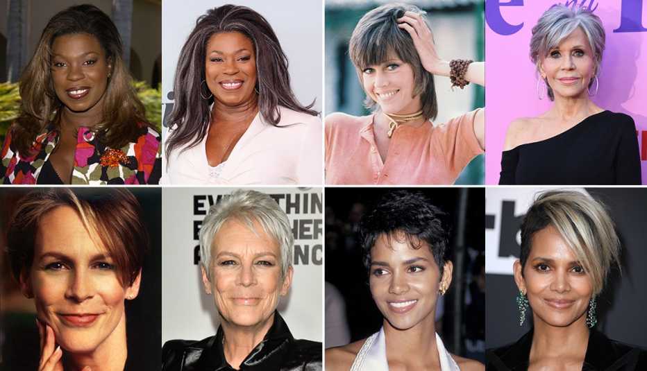 (Desde arriba a la izquierda, en el sentido de las agujas del reloj) Lorraine Toussaint en el 2002 y el 2022; Jane Fonda en 1971 y el 2022; Halle Berry en 1994 y el 2022; Jamie Lee Curtis en 1995 y el 2022.