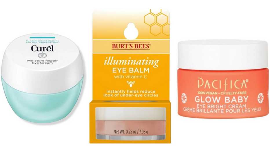  (De izquierda a derecha) Moisture Repair Eye Cream de Curel; Illuminating Eye Balm de Burt's Bees; Glow Baby Eye Bright Cream de Pacifica.